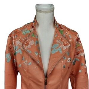 Colleen Lopez Women's Peach Multicolor Embroidered Floral Faux Leather Jacket 1X